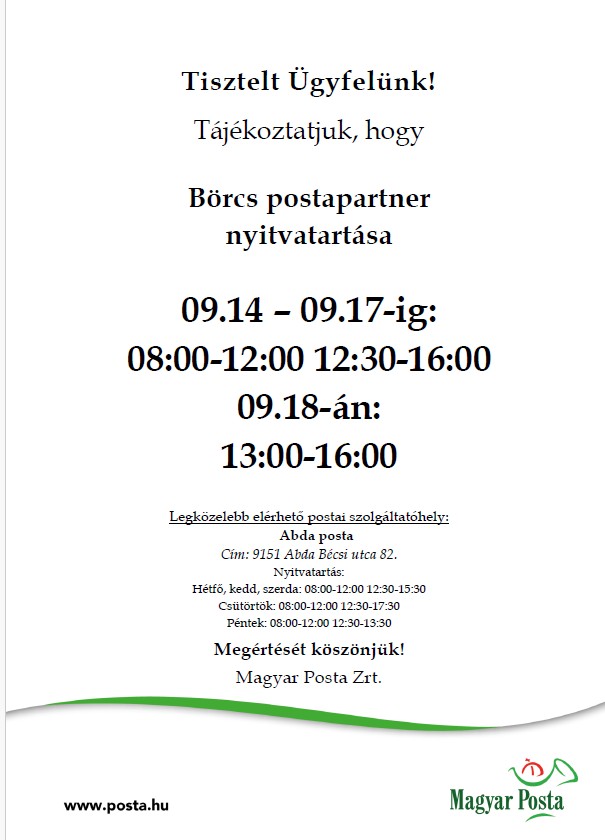 Tájékoztatás a posta nyitvatartásáról 09.14-18-ig