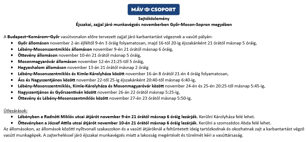 MÁV-csoport közlemény: Éjszakai, zajjal járó&hellip;