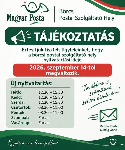 Tájékoztatás a Posta nyitvatartási idejének változásáról!